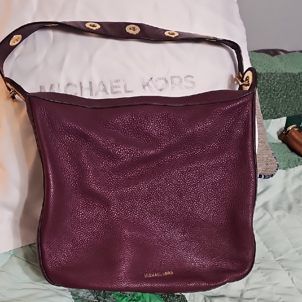 Michael Kors Pebbled Leather Shoulder Bag - Plum/Burgundy with Gold Hardware